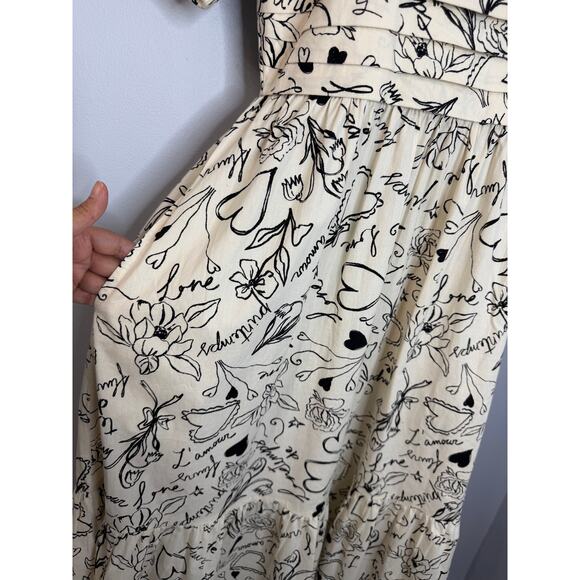 Japna Square Neck Puff Sleeve Midi Dress Black Cream Floral Women's M - Picture 15 of 15